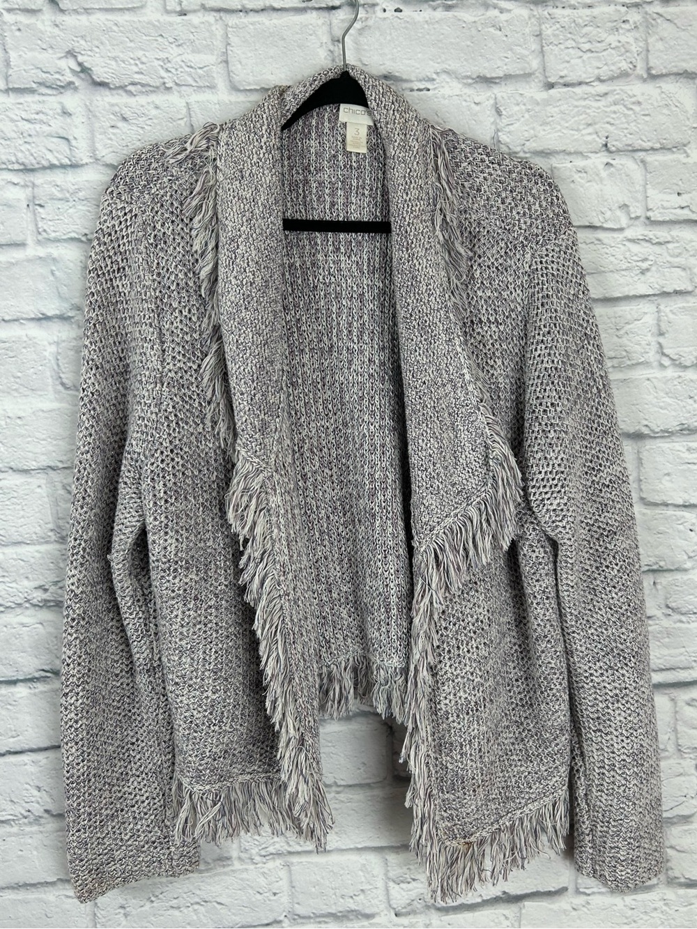 Chico’s Size 3/XL Open Front Cardigan Sweater Fringe Metallic Cotton Boho